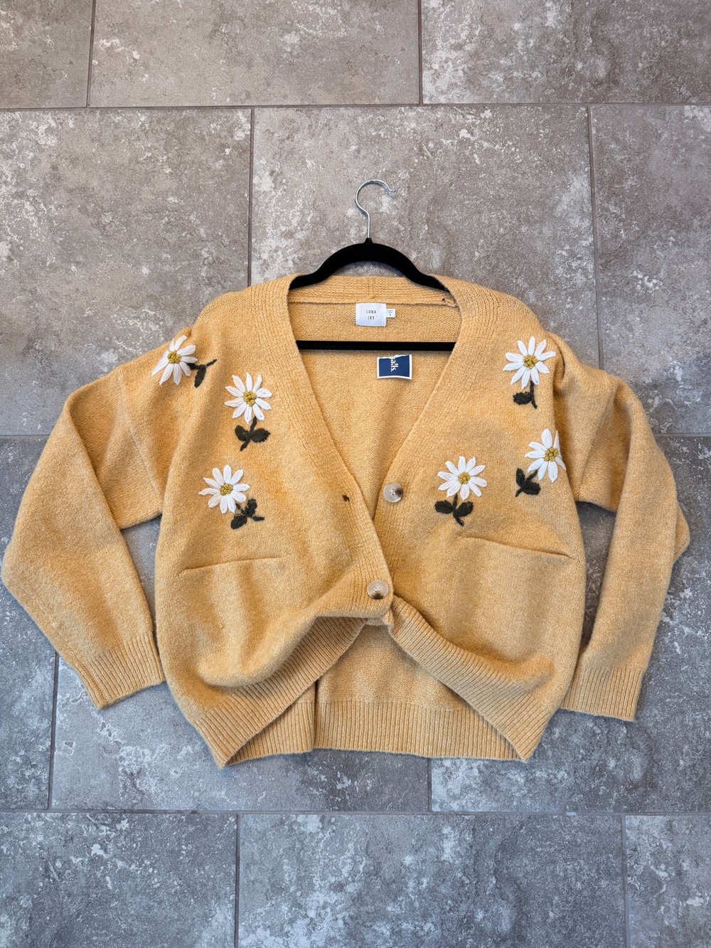 Luna Ivy Cozy Mustard Embroidered Daisy Cardigan Sweater - Women's Small